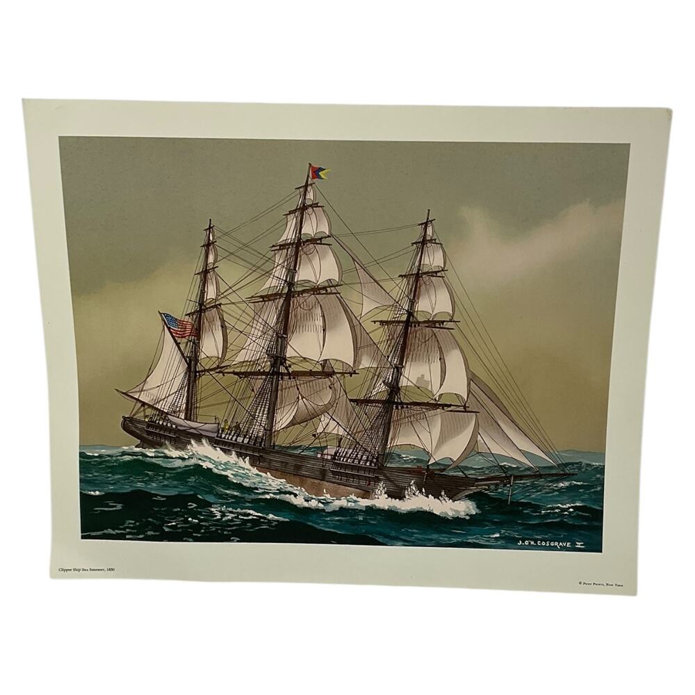 Vintage Clipper Ship Sea Serpent Print 1850 JOH Cosgrave Penn Nautical‎ Maritime